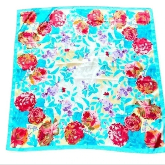 VINTAGE SCARF SQUARE PASTEL BLUE  PINK YELLOW - Picture 3 of 6